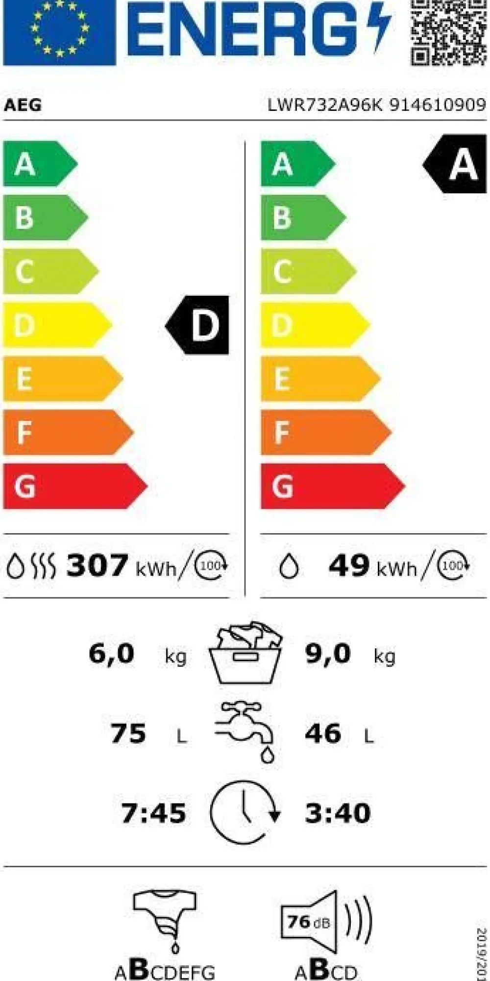 kuivaava pesukone 6/9 kg LWR732A96K>Aeg Outlet