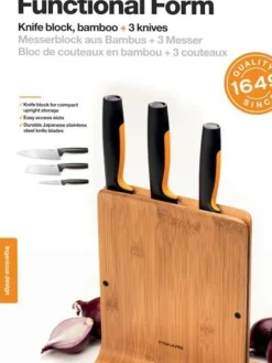 Fiskars Veitset Ja Leikkuulaudat|Functional Form veitsitukki bambu (sis. 3 veistä)